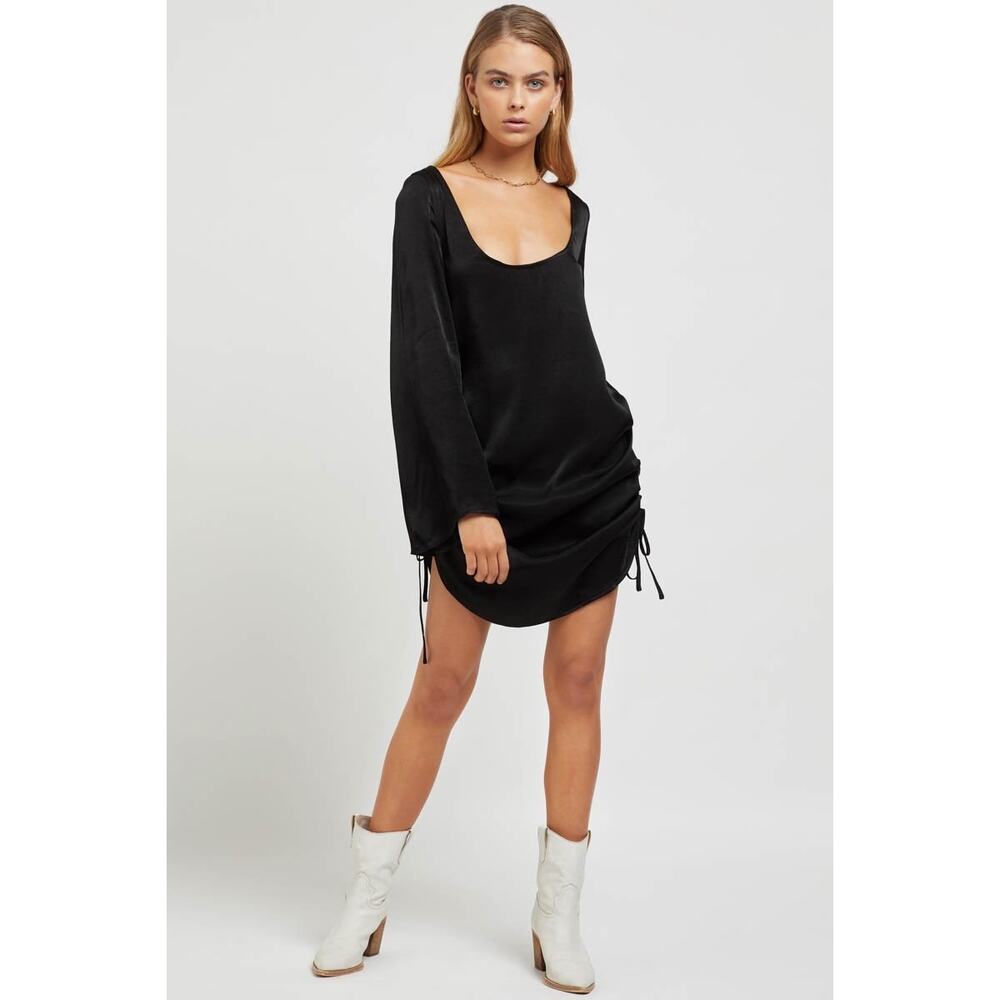 SNDYS Rosalie Satin Mini Dress Black Long Sleeve Scoop Back Sz 6